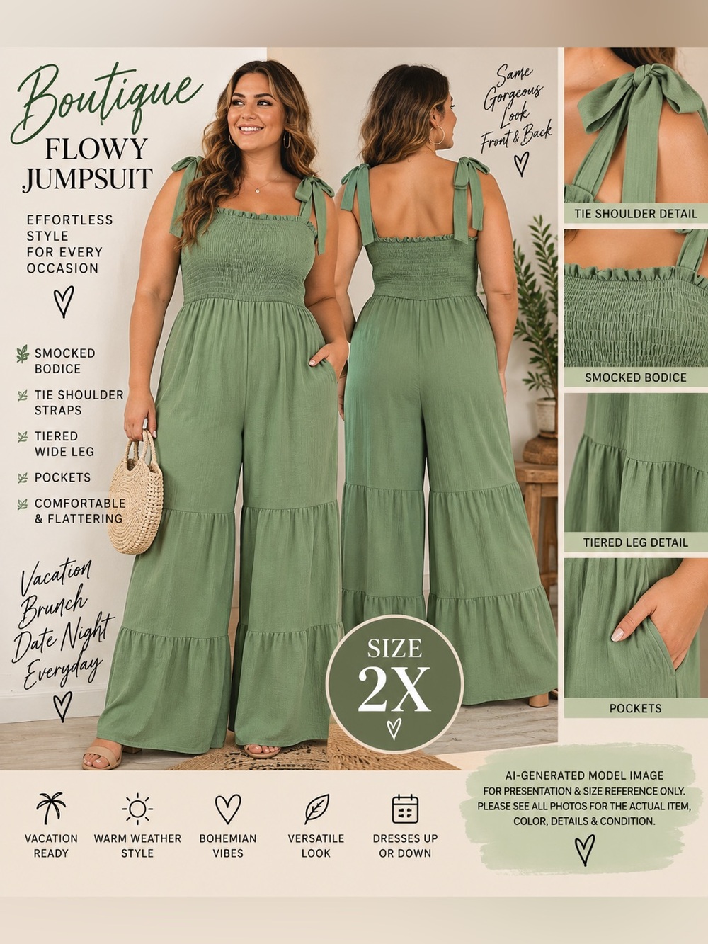 Boutique Sage Green Smocked Tie Shoulder Tiered Wide Leg Jumpsuit 2XL